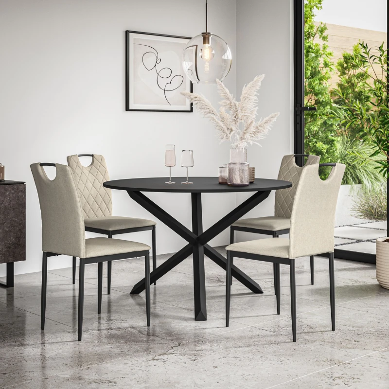 Image of More4Homes Malvern Round Dining Table And Chairs - Black Table Top W Solid Oak Black Legs + Monza Fabric Dining Chair Set Of 4 (Beige)