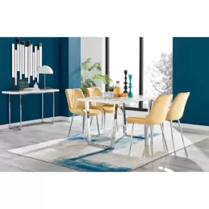 Image of Furniture Box Kylo White High Gloss Dining Table and 4 Mustard Pesaro Silver Leg Chairs