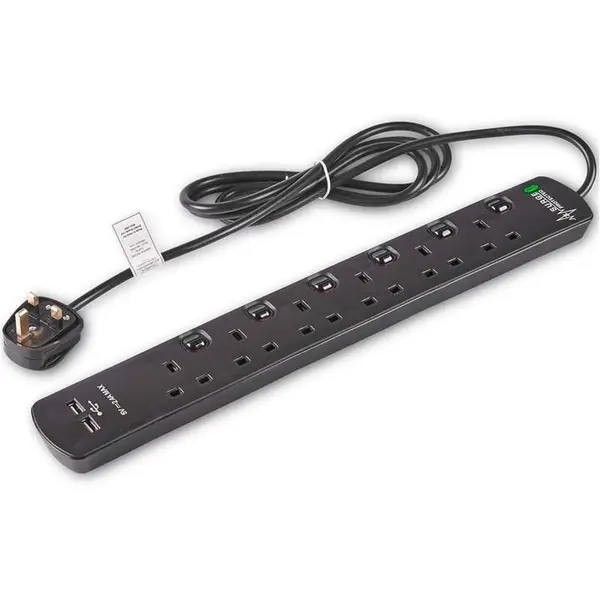 Image of VonHaus VonHaus 6 Gang + 2 USB Extension Lead - Black One Size