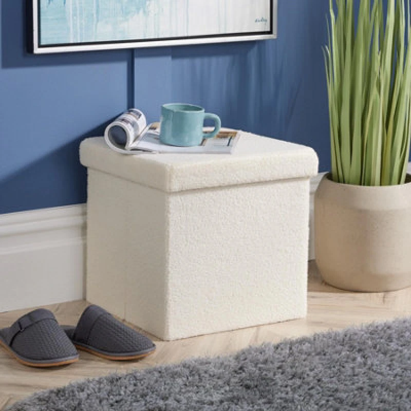 Image of Home Source Teddy Fur Square Folding Storage Ottoman Cream