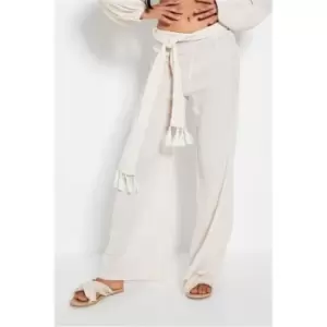 Image of I Saw It First Beige Tassel Detail Tie Waist Linen Wide Leg Trousers - Brown