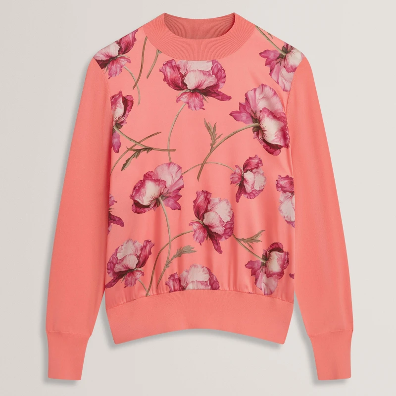 Image of Ted Baker Botanical Print Front Long Sleeve Knit Top Coral female 6 (2X)