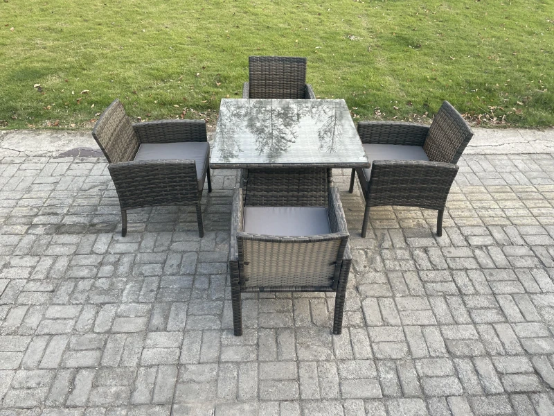 Image of Fimous Wicker PE Outdoor Rattan Garden Furniture Arm Chair & Table Dining Sets 4 Seater Square Dining Table Dark Grey Mixed Dark Grey Unisex