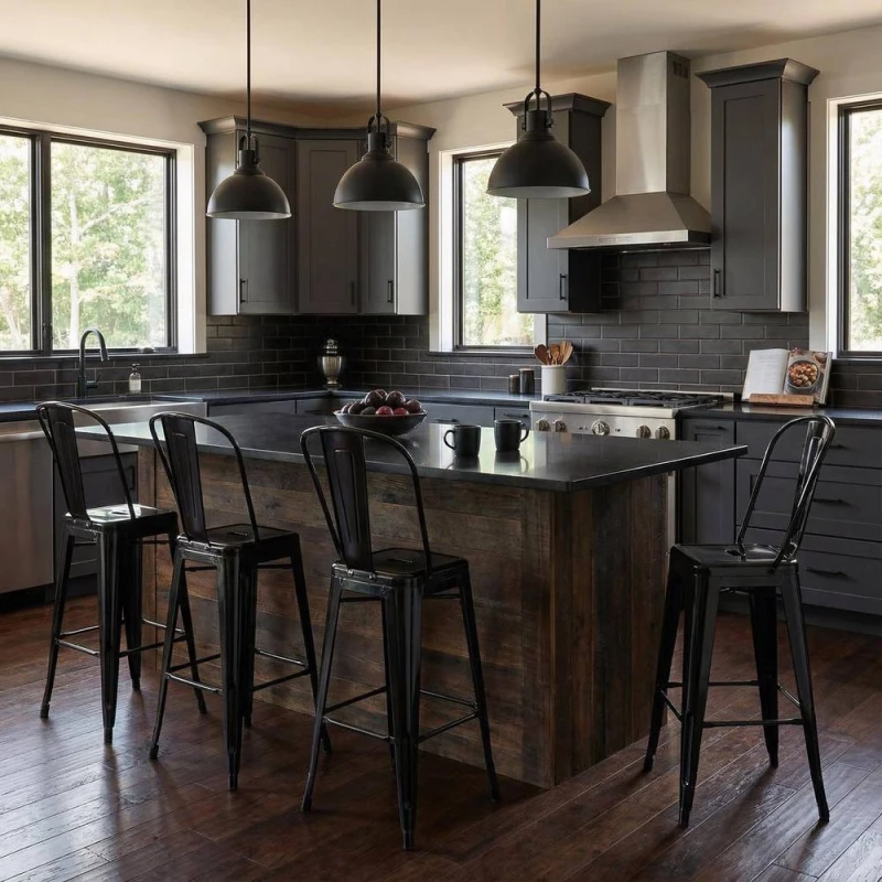 Image of FWStyle Bistro Set Of 4 30" Black Gloss Metal Bar Chairs Black Unisex