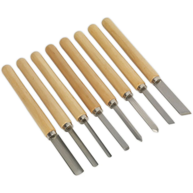 Image of Loops 8 Piece Wood Turning Chisel Set - Steel Shafts & Tips - Long Softwood Handles Metallics