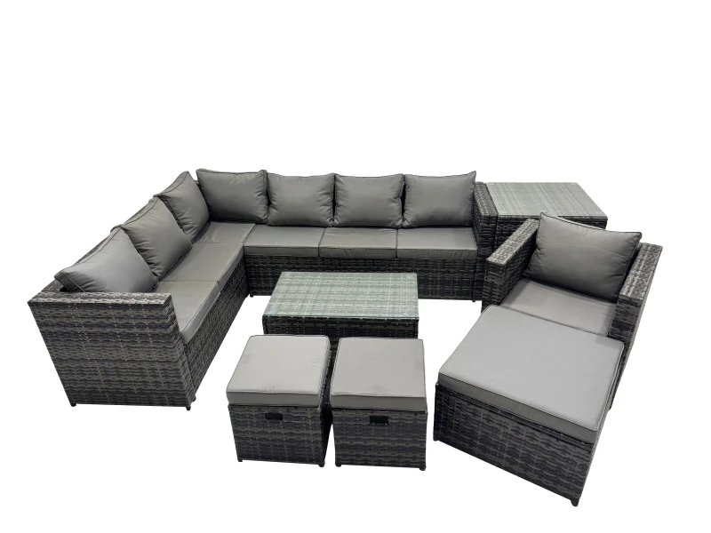 Image of Fimous Outdoor Rattan Rectangular Coffee Table Sets Garden Furniture Set With Side Table 2 Small Stools Dark Grey Mixed