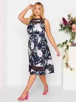 Image of Yours Floral Mesh Panel Skater, Blue, Size 20, Women