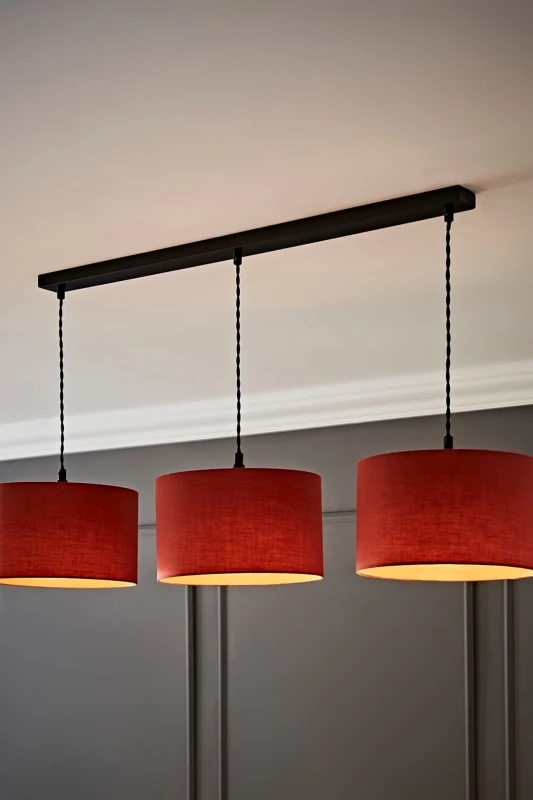 Image of ValueLights ValueLights Reni Fabric Drum Shade 3 Drop Bar Matte Black Diner Ceiling Pendant Light in Burnt Orange Burnt Orange One Size Unisex 5059406