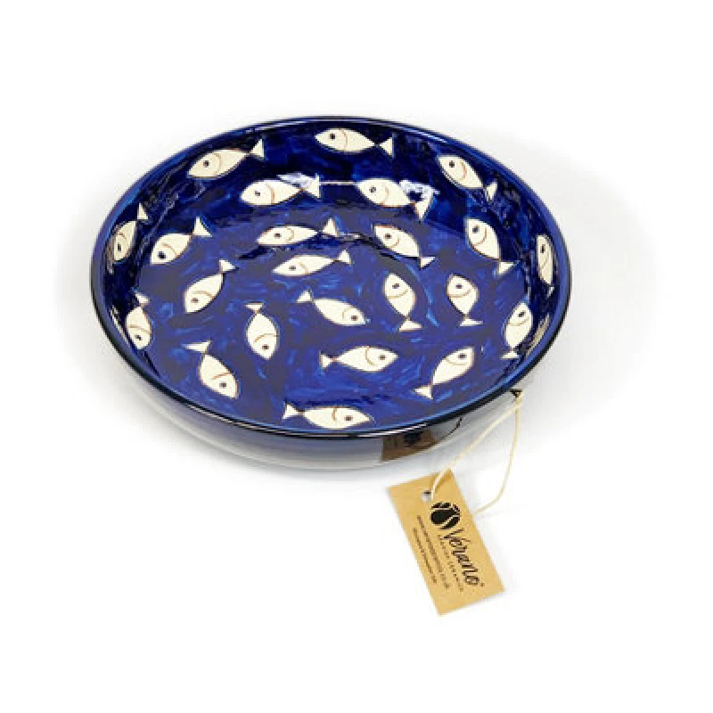 Image of Verano Spanish Ceramics Signature Blue & White Fish Hand Painted Ceramic Kitchen Dining Bowl (Diam) 23Cm White Fish