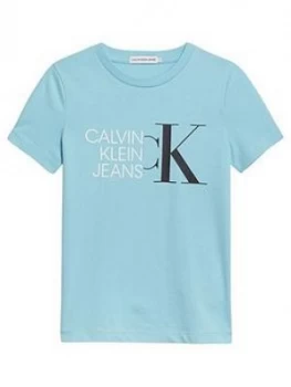 Image of Calvin Klein Jeans Boys Hybrid Logo Fitted T-Shirt - Bright Sky