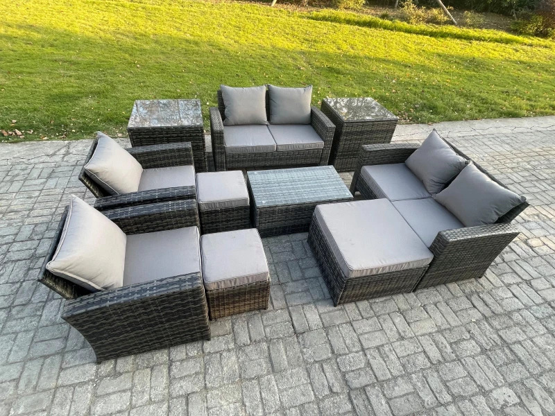 Image of Fimous Garden Furniture Sets 10 Pieces Outdoor Rattan Furniture Manual Wicker Patio Sofa Chair Set with Coffee Table 3 Footstools in Dark Grey Dark Gr