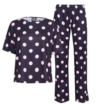 Image of Fabric Navy and Pink Polka Dot Printed Pyjama Set - Polka Dot