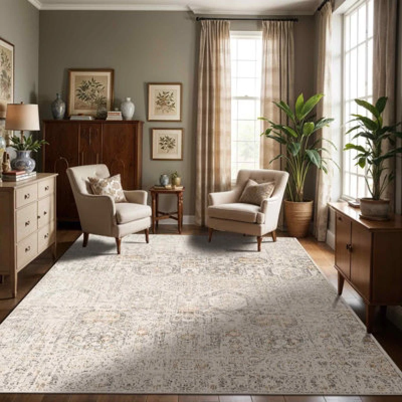 Image of Livabliss Vintage Oriental Boho Tan/ivory Lotus Area Rug 130 X 170 Cm - Easy Care, Non Shedding, Ideal For Living Room & Bedroom