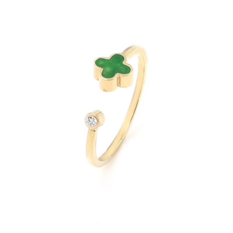 Image of Say It With Green Crystal Clover Ring - Yellow Gold Size: Adjustable Gold Unisex Adjustable