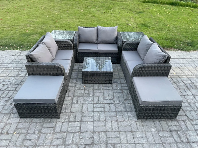 Image of Fimous 8 Seater Outdoor Garden Furniture Sets Wicker Rattan Furniture Sofa Sets with Square Coffee Table Love seat Sofa 2 Big Footstool Dark Grey