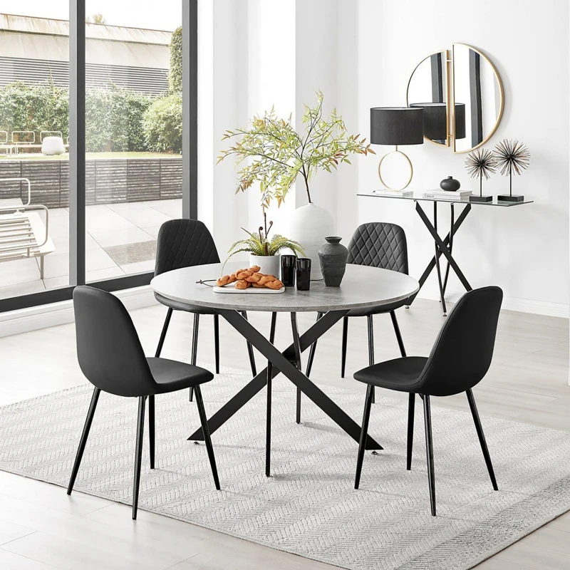 Image of FurnitureboxUK FurnitureboxUK Novara Grey Concrete Effect Black Leg 120cm Round Dining Table & 4 Corona Black Leg Chairs Black One Size Unisex 5056657