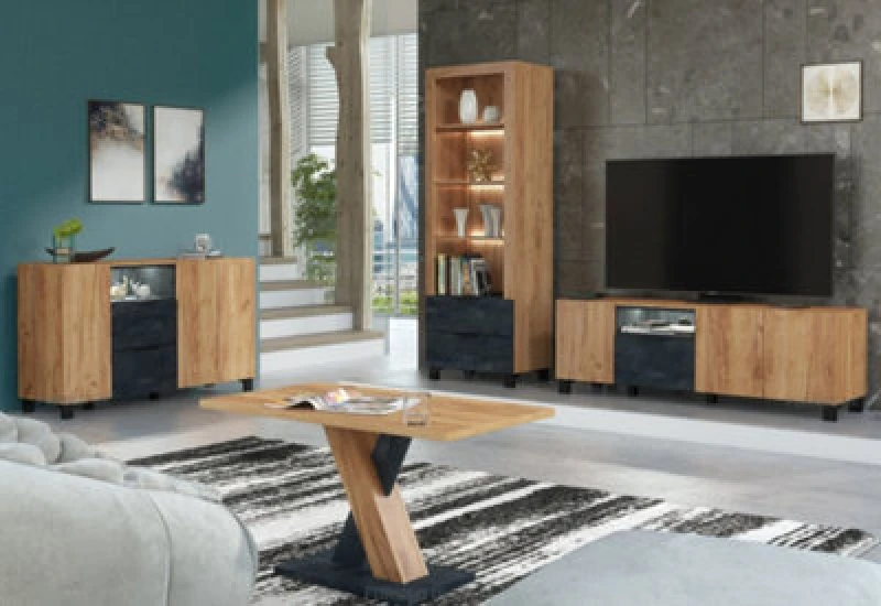 Image of Furneo Living Room Set TV Stand Display Cabinet Sideboard Coffee Table Oak & Black Concrete Effect White LED Lights Enzo 2/4/6/8
