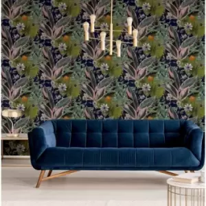 Image of Dutch Wallcoverings - Wallpaper Passion Flower Navy and Green