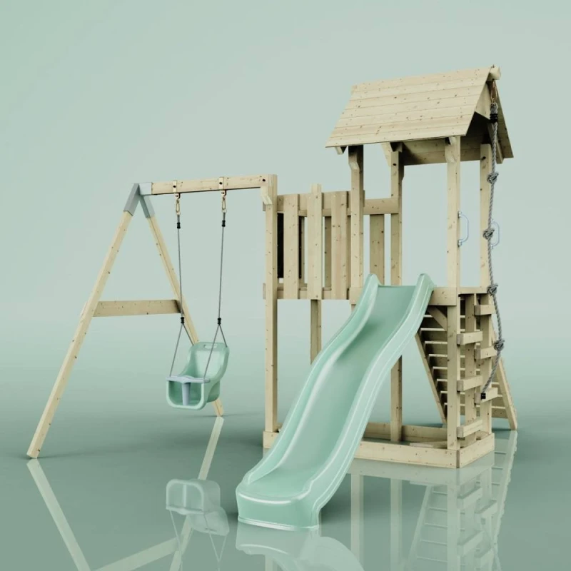 Image of OutdoorToys PolarPlay Balcony Tower Kids Wooden Climbing Frame - Swing Calder Sage in Beige Beige Unisex