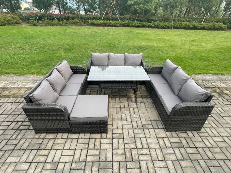 Image of Fimous Patio Rattan Garden Furniture Set with Oblong Rectangular Dining Table Big Footstool 10 Seater Outdoor Lounge Sofa Set Dark Grey Mixed Dark Gre