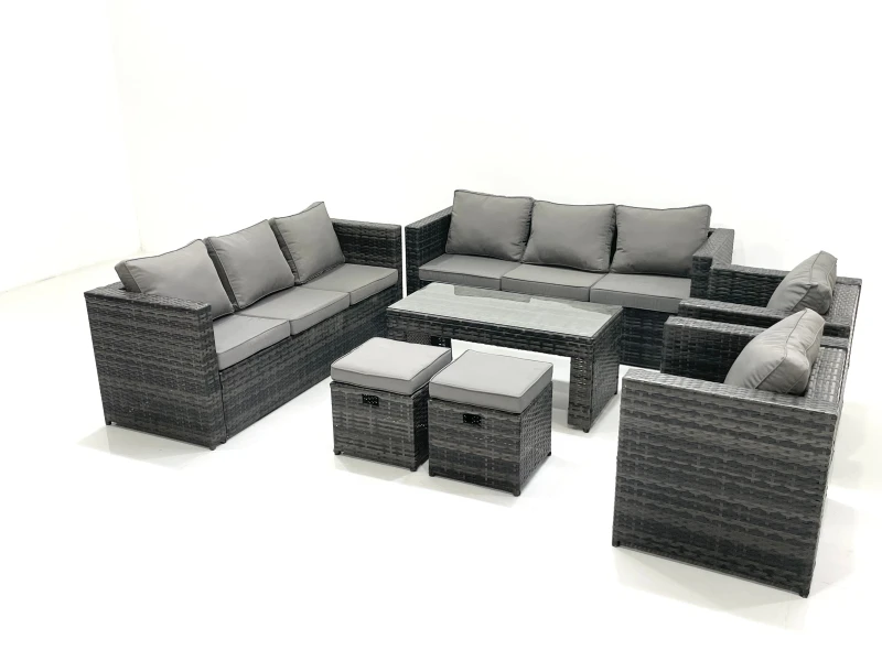 Image of Fimous Rattan Garden Furniture Sofa Set with Coffee table Armchair 2 Small Footstools Dark Grey Mixed Dark Grey