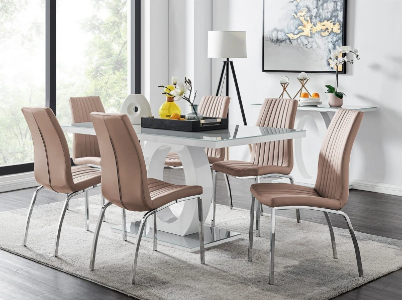 Image of FurnitureboxUK FurnitureboxUK Giovani 6-Seater Grey Glass Dining Table and 6 Isco Faux Leather Dining Chairs in Beige Beige One Size Unisex 5056542650