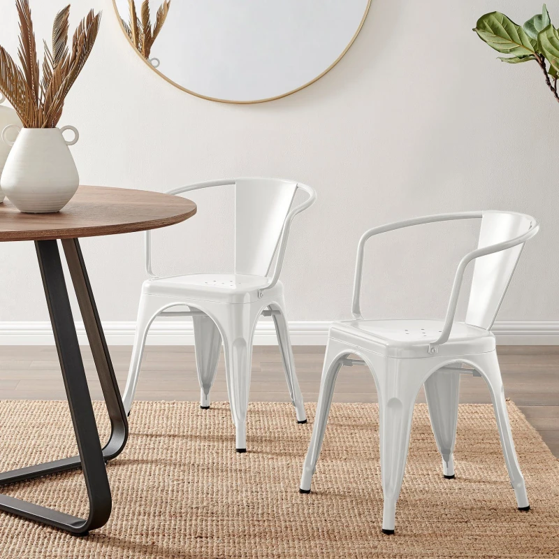 Image of FurnitureboxUK FurnitureboxUK Set of 2 Colton Industrial Steel Stackable Tolix Style Dining Chairs with Arms in White White One Size Unisex 5056542692