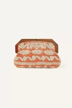 Image of Raffia Beaded Wooden Frame Clutch Bag