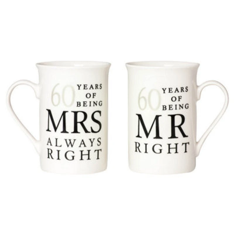Image of Happy Homewares Ivory White 60Th Anniversary Mr Right & Mrs Always Right Ceramic Mug Gift Set