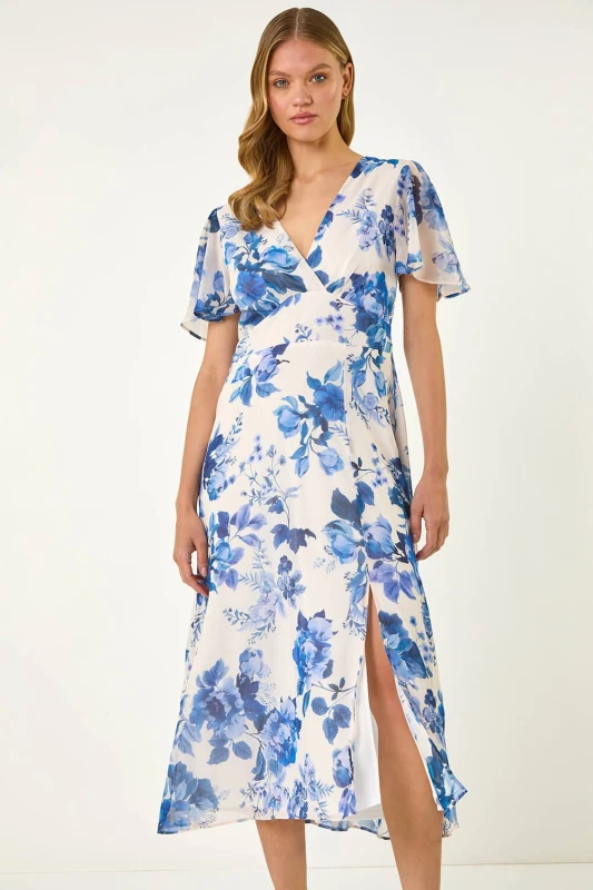 Image of Roman Womens Floral Print V-Neck Midi Dress in White Size: 18 White Female 18