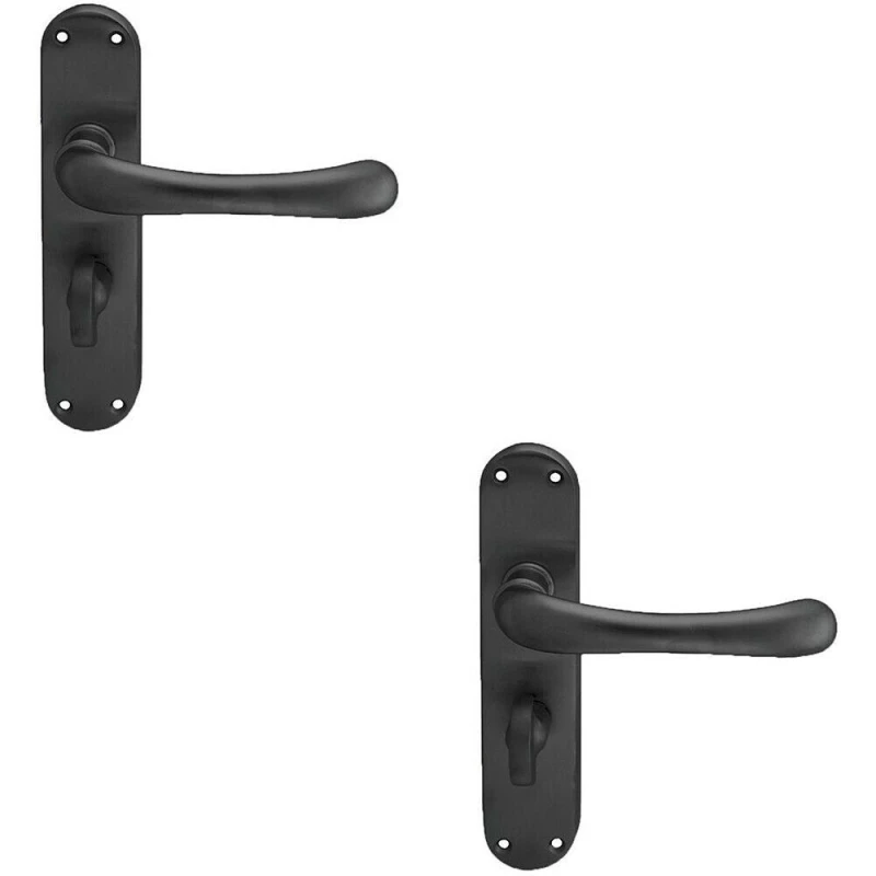 Image of Loops 2x PAIR Smooth Rounded Lever on Shaped Bathroom Backplate 185 x 42mm Matt Black Black