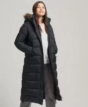 Image of Superdry Womens Faux Fur Hooded Longline Puffer Black / Jet Black - Size: 14