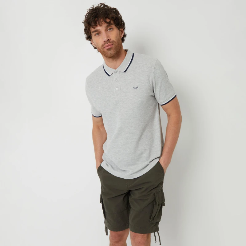 Image of Threadbare 'Dorry' Herringbone Tipping Cotton Pique Polo Shirt Light Grey