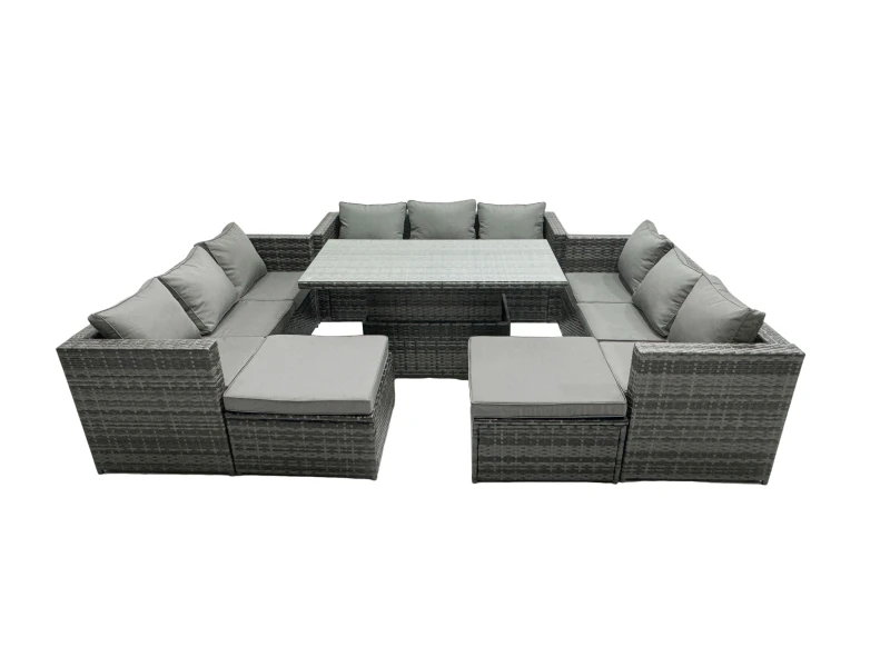 Image of Fimous Rattan Dining Table Sofa Set with 2 Big Stool Outdoor 11 Seat in Dark Grey Dark Grey Unisex