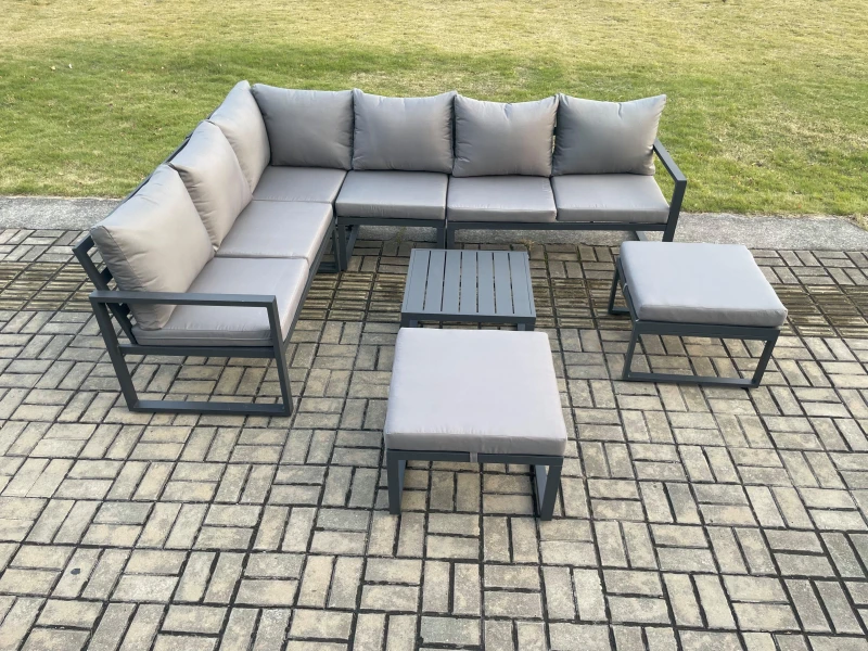 Image of Fimous 8 Seater Outdoor Lounge Corner Sofa Set Aluminum Garden Furniture Sets with Square Coffee Table 2 Big Footstool Dark Grey Dark Grey Unisex
