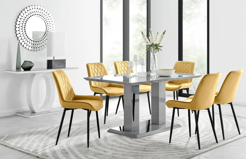 Image of FurnitureboxUK FurnitureboxUK Imperia 6 Grey Dining Table and 6 Pesaro Black Leg Chairs in Mustard Mustard One Size Unisex 5056542662553