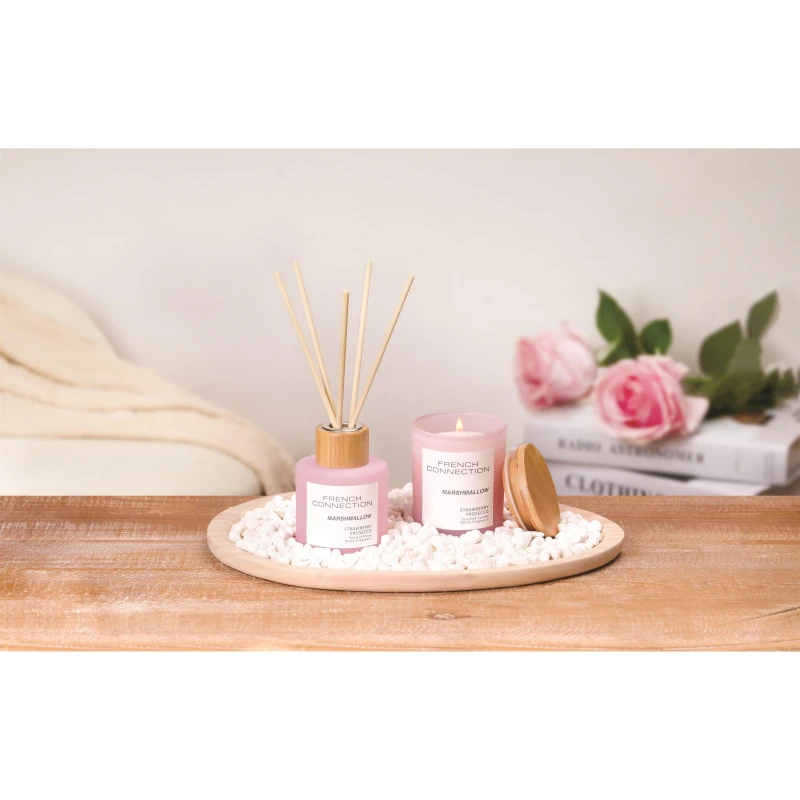Image of French Connection French Connection Marshmallow Home Fragrance Gift Set, Scented Candle & Reed Diffuser with Wooden Plate & Pebbles in Pink Size: La