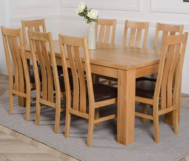 Image of Thats Furniture Dakot 182 x 92cm Oak Large Dining Table & 8 Princeton Chairs in Brown Size: 182 x 92cm Brown Unisex 182 x 92 cm