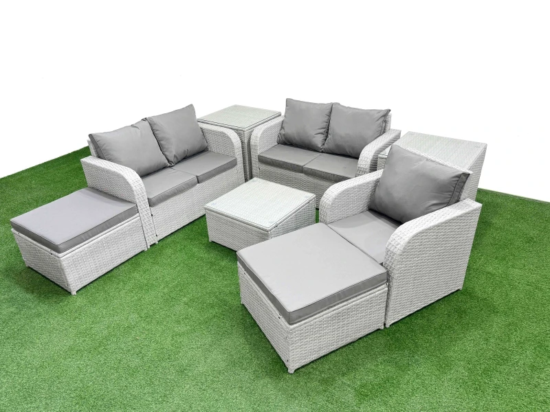 Image of Fimous High Back Poly Rattan Garden Furniture Set with Reclining Chair Loveseat Sofa Square Coffee Table Indoor Outdoor Patio Set 2 Big Stool 2 Side
