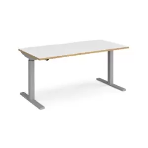 Image of Height Adjustable Desk Rectangular Desk 1600mm White/Oak Tops With Silver Frames 800mm Depth Elev8 Mono