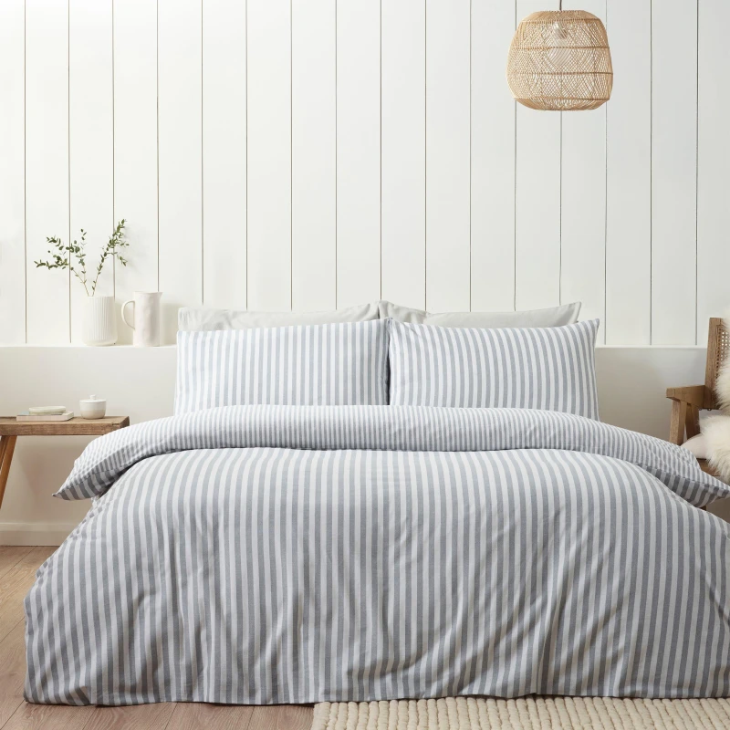 Image of Catherine Lansfield Catherine Lansfield 'Brushed Cotton Stripe' Duvet Cover Set in Silver Size: Single Silver Single Unisex 5057681185453