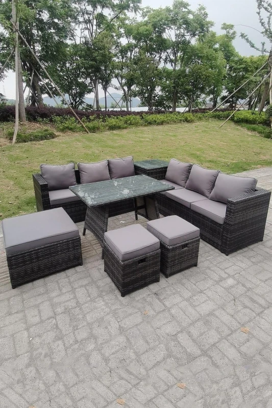 Image of Fimous Lounge Rattan Garden Furniture Sets Dining Table And Big Footstools Dark Grey