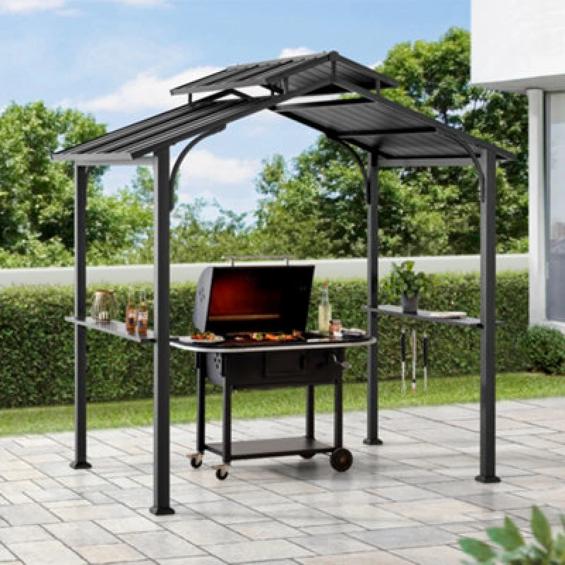 Image of Sunjoy Hanscom 2.4X1.5 M Brown Steel Frame Double Tiered Hardtop Grill Gazebo With Ceiling Hook And Shelves