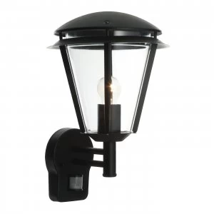 Image of PIR 1 Light Outdoor Wall Lantern Matt Black, Clear Polycarbonate IP44, E27