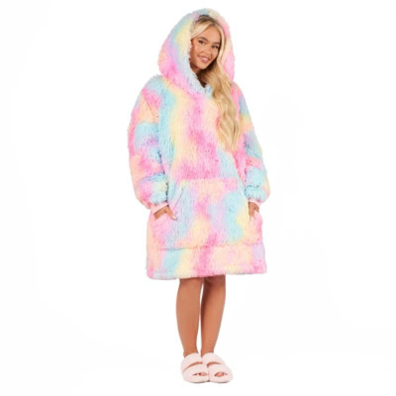 Image of OHS OHS Fluffy Long Fibre Sherpa Hooded Blanket Plush Fleece Soft Throw Multi One Size Unisex 5027434164776