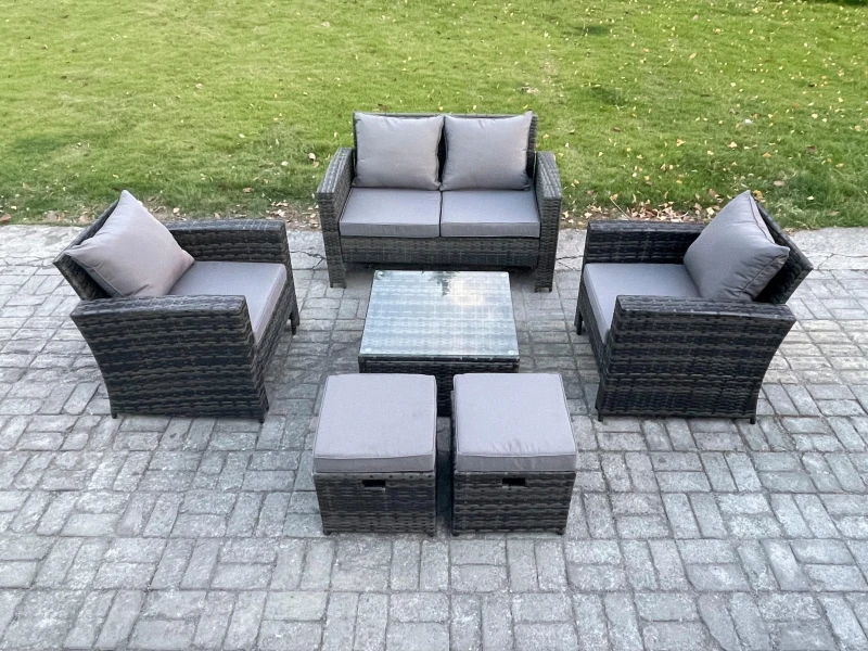 Image of Fimous 6 Seater Outdoor Garden Furniture High Back Rattan Sofa Set with Square Coffee Table 2 Small Footstools Dark Grey Mixed Dark Grey Unisex