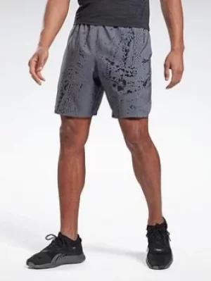Image of Reebok Workout Ready Allover Print Shorts, Grey Size M Men