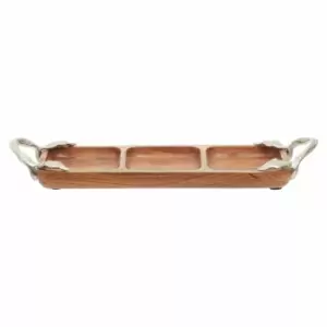 Image of Interiors By Ph Serving Dish, 3 Section, Acacia Wood, Aluminium Leaf Handles