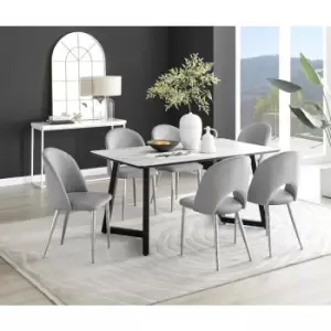 Image of Furniturebox Carson White Marble Effect Rectangular 160cm Dining Table & 6 Grey Arlon Silver Leg Velvet Chairs