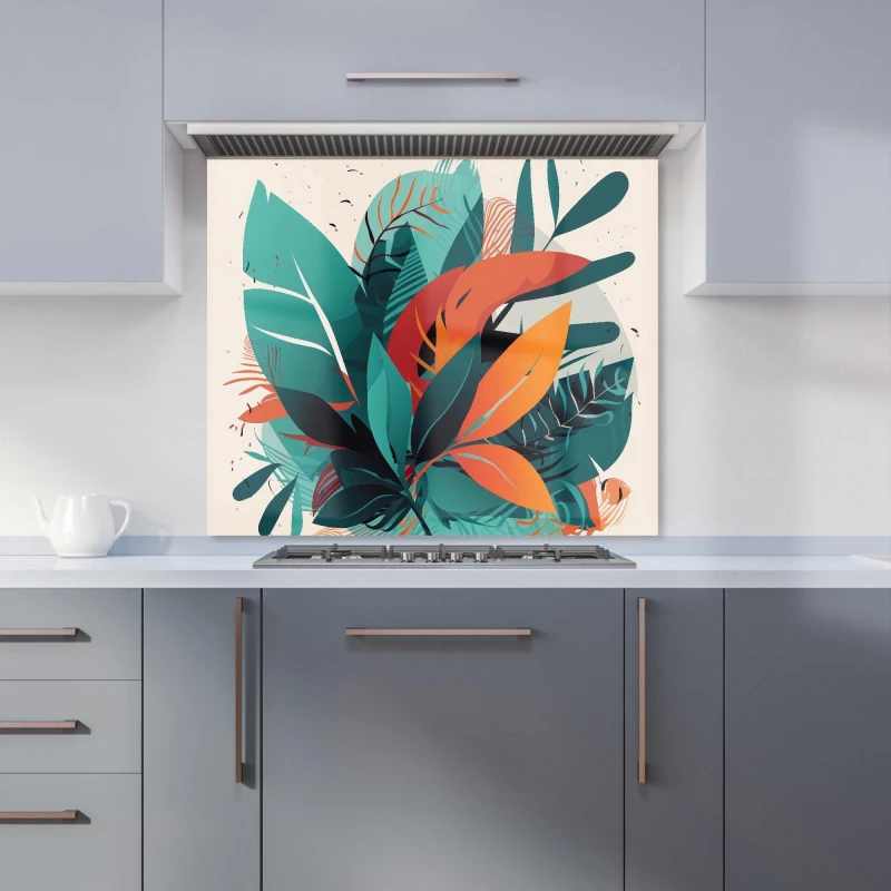 Image of Warren Reed - Designer Green Orange Tropical Leaves Kitchen Splashback Size: 900mm x 750mm Green Unisex 900mm x 750mm